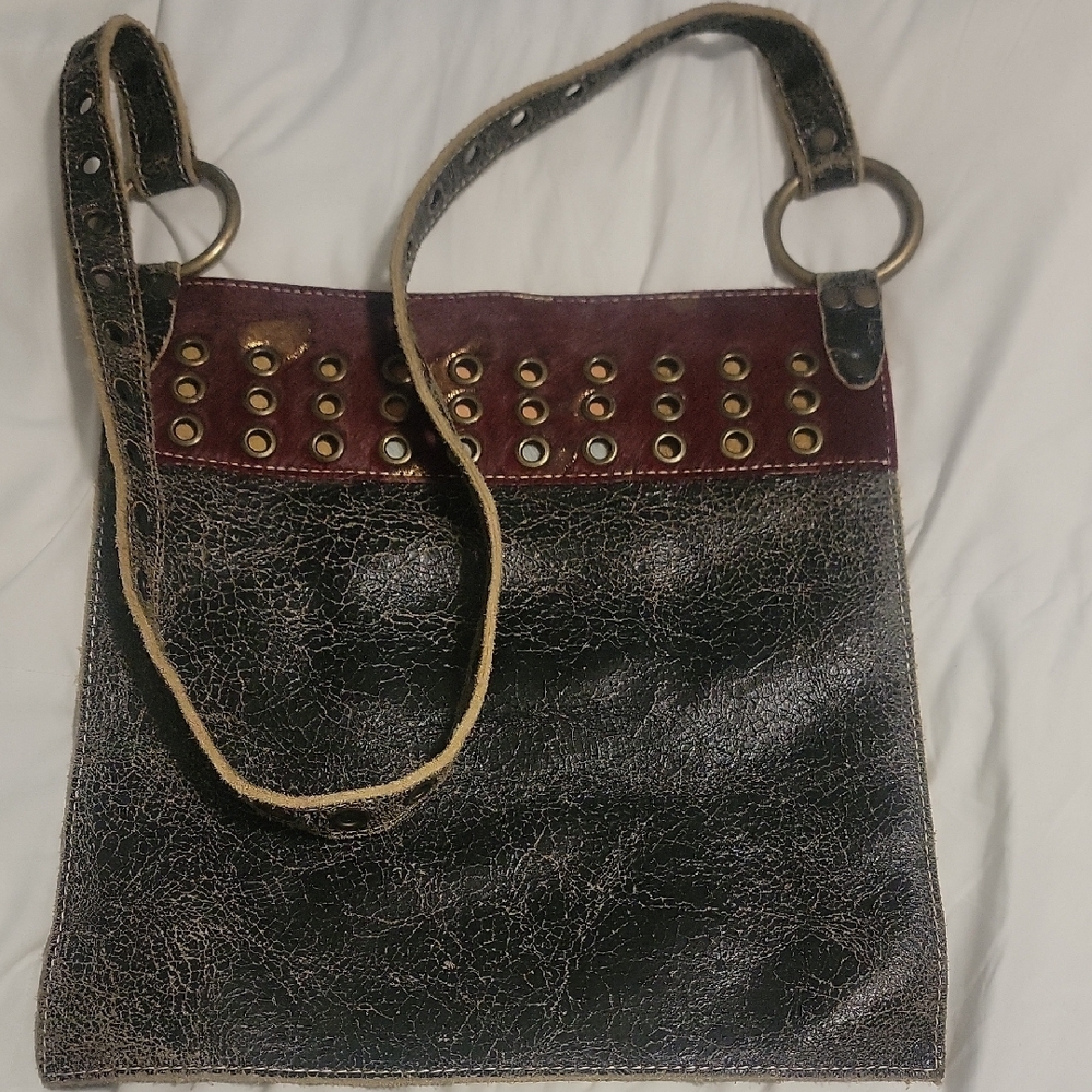 Black and Brown Studded Shoulder Bag with Leather Strap